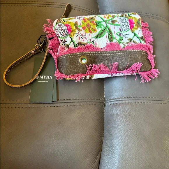 Myra Bag Pink and Brown Floral Wristlet Clutch - Picture 1 of 2
